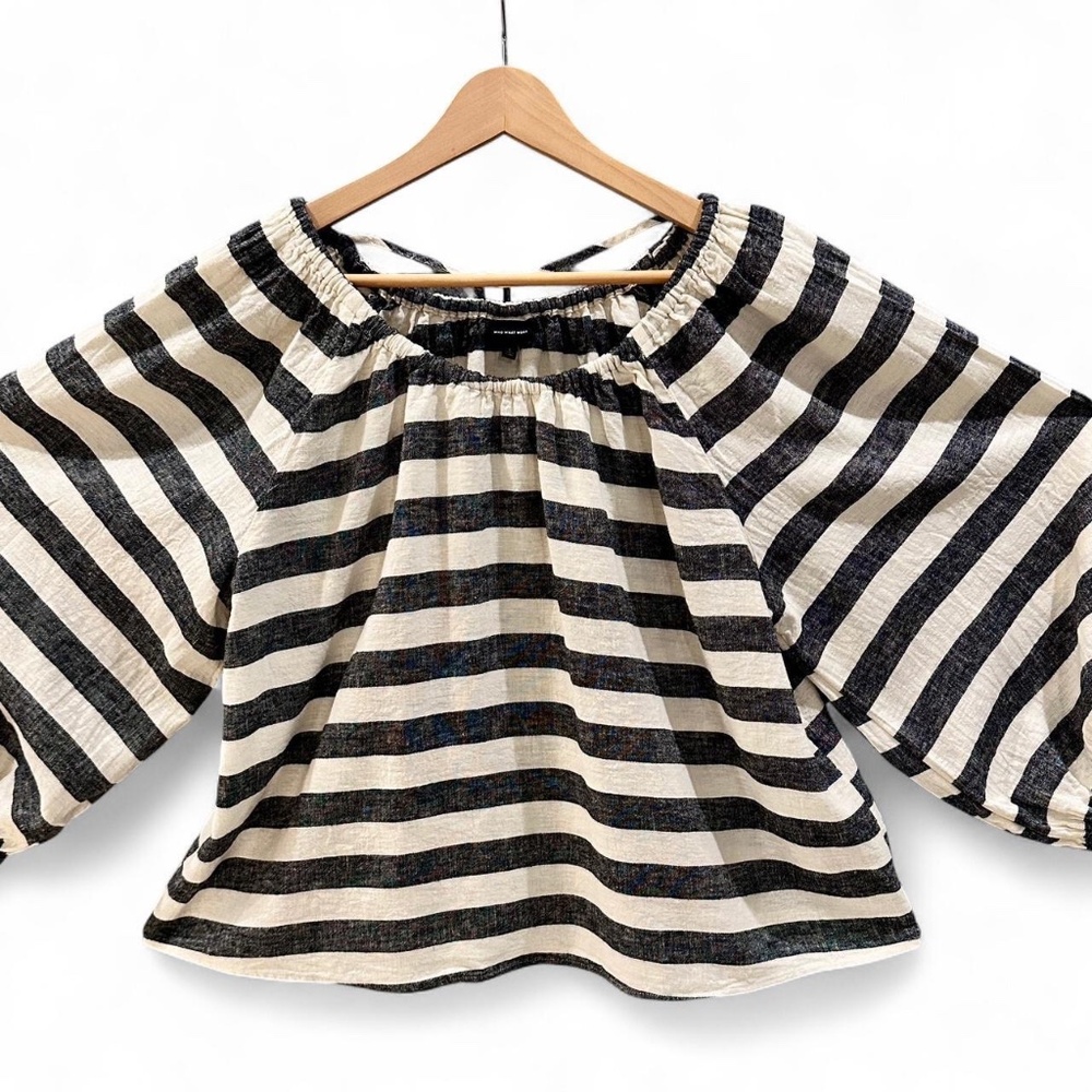 Who What Wear Women's Black and Cream Linen Peasant Blouse, size: L